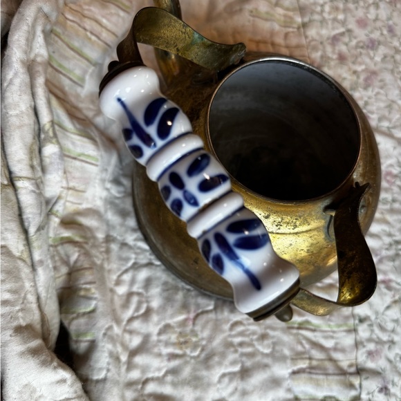 Vintage Brass and Ceramic Teapot with Blue Accents - Picture 1 of 2
